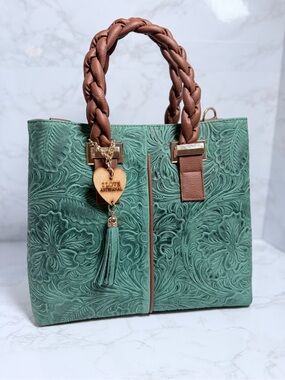 Green Floral Embossed Leather Tote Handbag